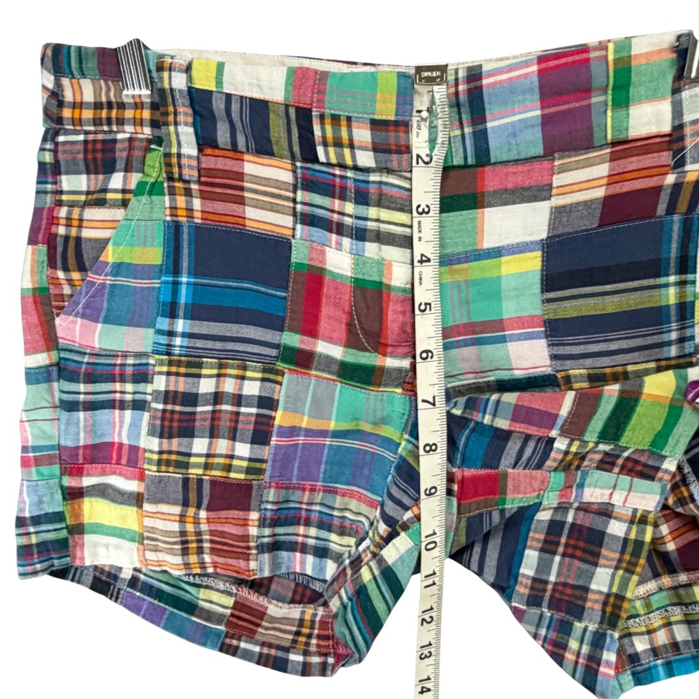 J Crew City Fit Patchwork Madras Shorts Womens 2 Blue Green Plaid Casual Chic - Picture 7 of 12